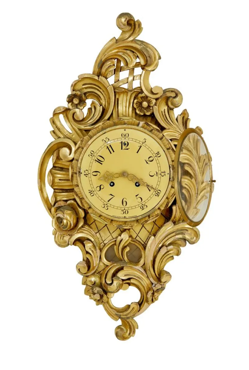 Pamono Mid-Century Modern Rococo Revival Carved Gilt Clock from Westerstrand, 1950s> Clocks