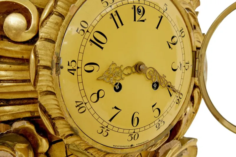 Pamono Mid-Century Modern Rococo Revival Carved Gilt Clock from Westerstrand, 1950s> Clocks
