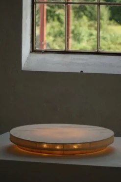 Pamono Mid-Century Modern Round Linen Flush Mount, 1950s><noscript><img width=
