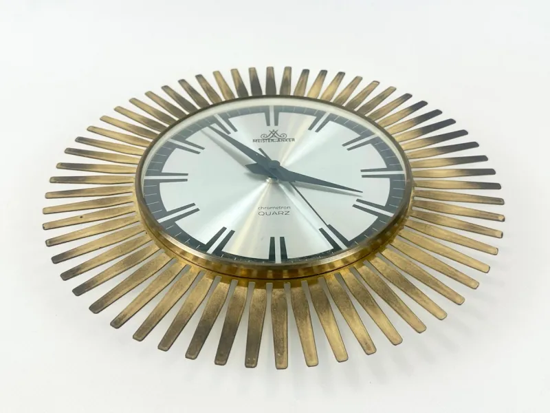Pamono Mid-Century Modern Sunburst Wall Clock in Brass from Meister Anker, 1960s> Clocks
