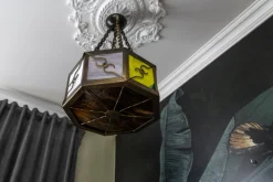 Pamono Mid-Century Octagonal Patinated Metal and Tiffany Glass Pendant Light, Germany> Ceiling Lights