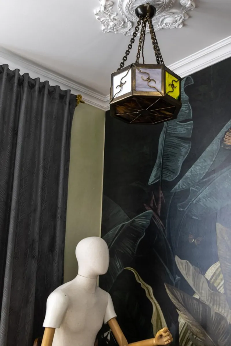 Pamono Mid-Century Octagonal Patinated Metal and Tiffany Glass Pendant Light, Germany> Ceiling Lights