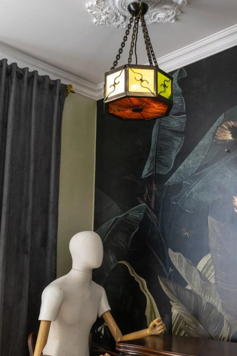 Pamono Mid-Century Octagonal Patinated Metal and Tiffany Glass Pendant Light, Germany> Ceiling Lights