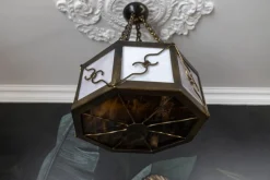 Pamono Mid-Century Octagonal Patinated Metal and Tiffany Glass Pendant Light, Germany><noscript><img width=