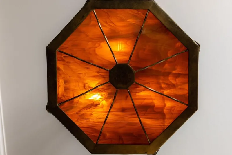 Pamono Mid-Century Octagonal Patinated Metal and Tiffany Glass Pendant Light, Germany> Ceiling Lights