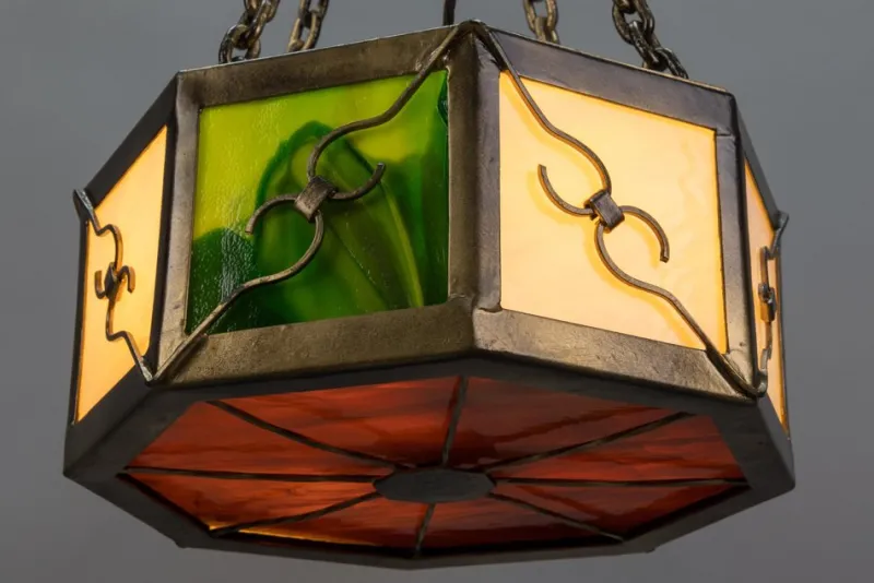 Pamono Mid-Century Octagonal Patinated Metal and Tiffany Glass Pendant Light, Germany> Ceiling Lights