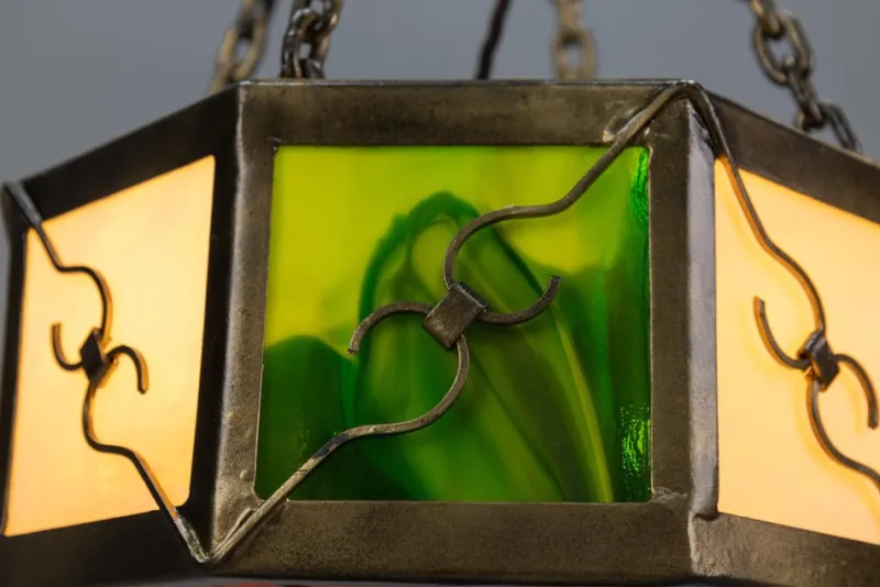 Pamono Mid-Century Octagonal Patinated Metal and Tiffany Glass Pendant Light, Germany> Ceiling Lights