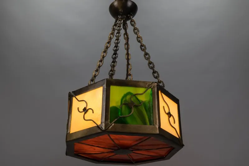 Pamono Mid-Century Octagonal Patinated Metal and Tiffany Glass Pendant Light, Germany> Ceiling Lights