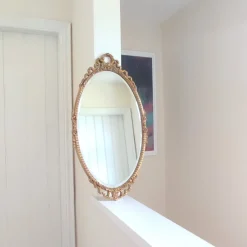 New Pamono Mid-Century Oval Gilt Wood Ornate Wall Mirror, 1950s