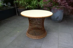 Pamono Mid-Century Round Bamboo and Wicker Garden Table with Yellow Top> Garden Tables