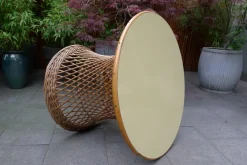 Pamono Mid-Century Round Bamboo and Wicker Garden Table with Yellow Top> Garden Tables