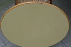 Pamono Mid-Century Round Bamboo and Wicker Garden Table with Yellow Top><noscript><img width=