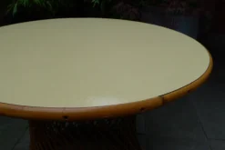 Pamono Mid-Century Round Bamboo and Wicker Garden Table with Yellow Top><noscript><img width=