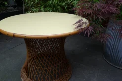 Pamono Mid-Century Round Bamboo and Wicker Garden Table with Yellow Top><noscript><img width=
