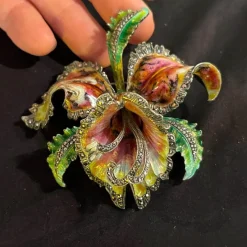 Pamono Mid-Century Silver Enamelled Orchid or Iris Flower Brooch> Brooches