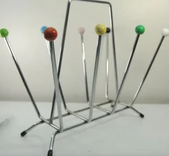 Pamono Mid-Century Space Age Sputnik Atomic Magazine Holder in Chrome and Wood, 1970s> Magazine Racks