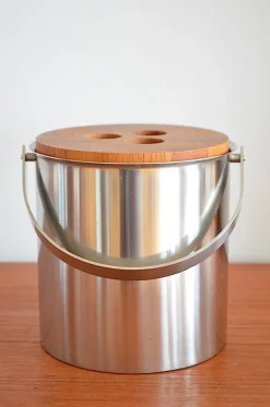 Pamono Mid-Century Steel and Teak Cylinda Line Ice Bucket by Arne Jacobsen for Stelton, 1960s><noscript><img width=