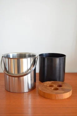 Pamono Mid-Century Steel and Teak Cylinda Line Ice Bucket by Arne Jacobsen for Stelton, 1960s><noscript><img width=