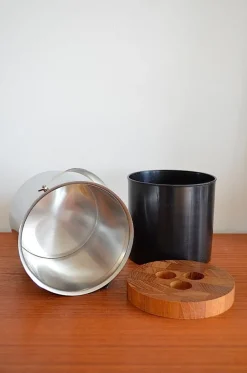 Pamono Mid-Century Steel and Teak Cylinda Line Ice Bucket by Arne Jacobsen for Stelton, 1960s><noscript><img width=