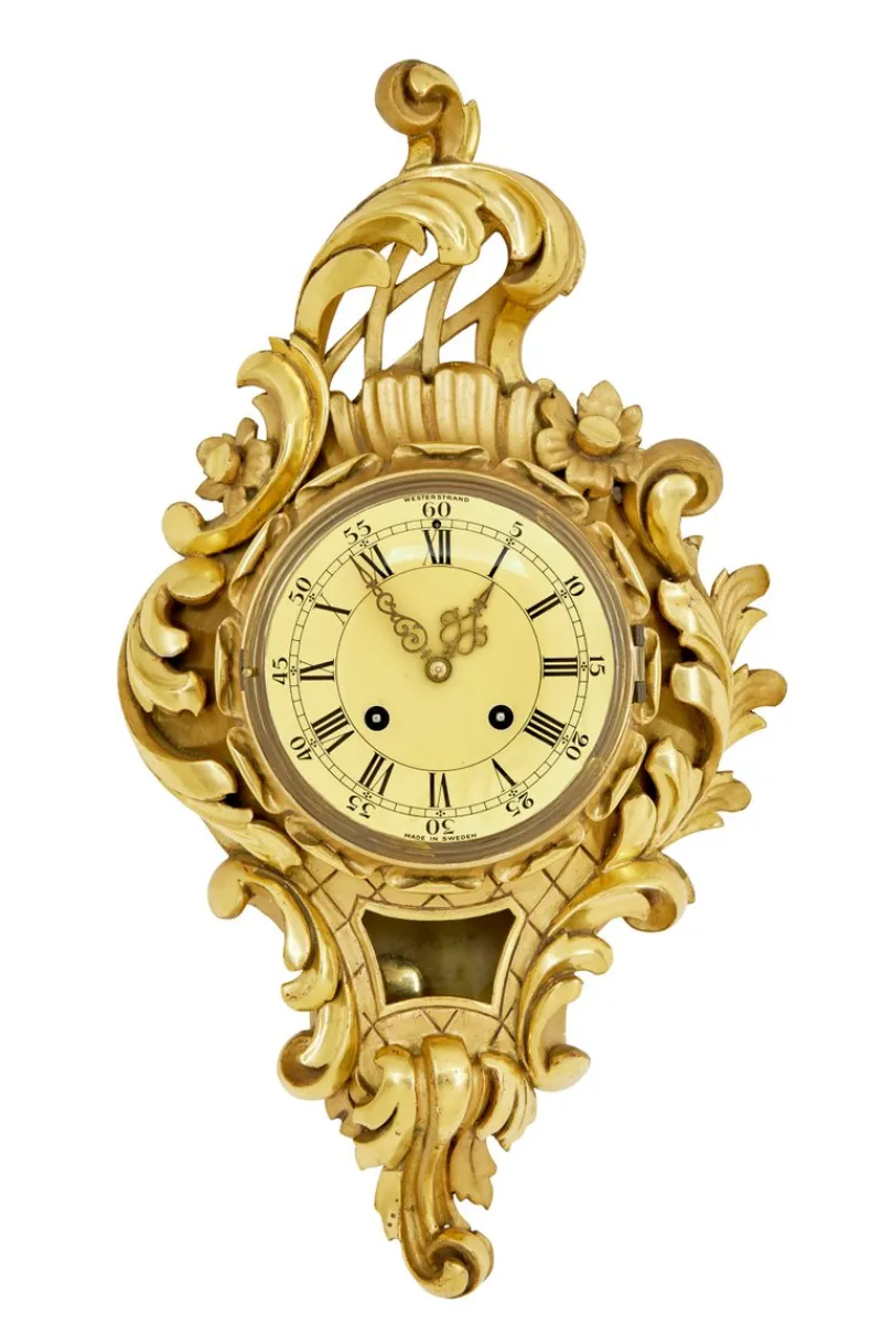 Pamono Mid-Century Swedish Rococo Revival Carved Gilt Clock, 1950s> Clocks