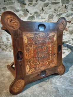 Pamono Mid-20th Century French Elm Marquetry Game Table with Intarsia Inlay and Round Corner Cutouts, 1950s><noscript><img width=