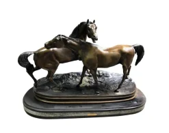 Pamono Miniature French Patinated Bronze Figure of Two Horses by P. J. Mene> Art Deco