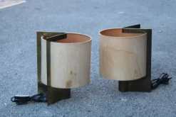 Pamono Minimalist Lamps by Giuliana Gramigna in Brass and Fabric, 1970s, Set of 2> Table Lamps