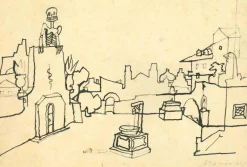 Outlet Pamono Mino Maccari, A Town in the Countryside, Drawing, 1960s
