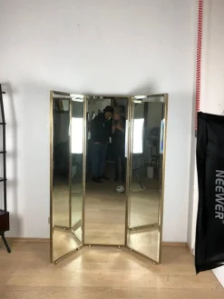 Pamono Mirrored Three Panels Brass Frame Screen from Pescetta> Room Dividers & Screens