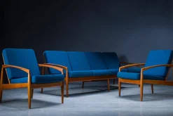 Pamono Model 121 Paper Knife Easy Chairs and Sofa by Kai Kristiansen for Magnus Olesen, 1960s, Set of 3><noscript><img width=