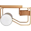 Pamono Model 900 Tea Trolley with White Ceramic Tiles & Rattan Basket attributed to Alvar Aalto for Artek, 1960s> Serving Bar Carts & Trolleys