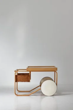 Pamono Model 900 Tea Trolley with White Ceramic Tiles & Rattan Basket attributed to Alvar Aalto for Artek, 1960s><noscript><img width=