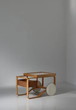 Pamono Model 900 Tea Trolley with White Ceramic Tiles & Rattan Basket attributed to Alvar Aalto for Artek, 1960s><noscript><img width=