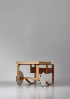 Pamono Model 900 Tea Trolley with White Ceramic Tiles & Rattan Basket attributed to Alvar Aalto for Artek, 1960s><noscript><img width=