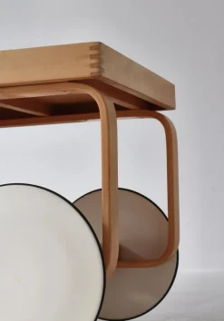 Pamono Model 900 Tea Trolley with White Ceramic Tiles & Rattan Basket attributed to Alvar Aalto for Artek, 1960s><noscript><img width=