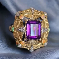 Pamono Modernist Art Nouveau Amethyst Ring with Enamel and Diamonds, 1900s><noscript><img width=