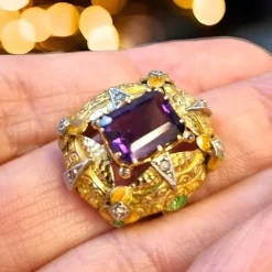 Pamono Modernist Art Nouveau Amethyst Ring with Enamel and Diamonds, 1900s><noscript><img width=