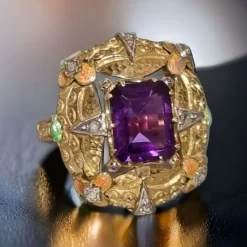 Pamono Modernist Art Nouveau Amethyst Ring with Enamel and Diamonds, 1900s><noscript><img width=