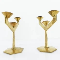 Pamono Modernist Brass 3-Armed Candlesticks, 1960s, Set of 2> Candleholders