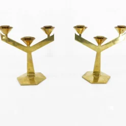 Pamono Modernist Brass 3-Armed Candlesticks, 1960s, Set of 2> Candleholders