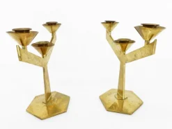 Pamono Modernist Brass 3-Armed Candlesticks, 1960s, Set of 2><noscript><img width=