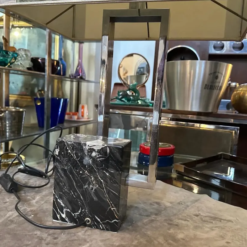 Pamono Modernist Chromed Metal and Marble Table Lamp with Hand Painted Lampshade from Banci Firenze, 1970s> Table Lamps