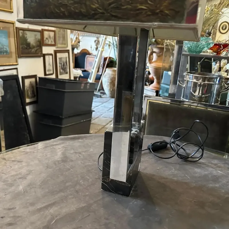 Pamono Modernist Chromed Metal and Marble Table Lamp with Hand Painted Lampshade from Banci Firenze, 1970s> Table Lamps