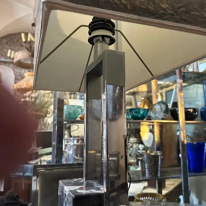Pamono Modernist Chromed Metal and Marble Table Lamp with Hand Painted Lampshade from Banci Firenze, 1970s> Table Lamps