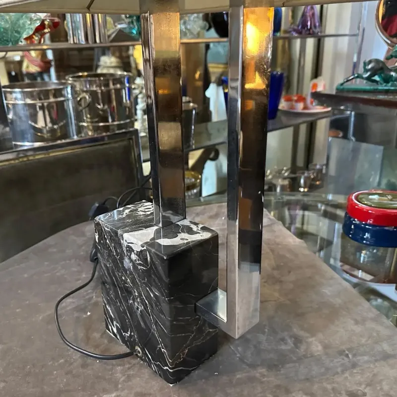 Pamono Modernist Chromed Metal and Marble Table Lamp with Hand Painted Lampshade from Banci Firenze, 1970s> Table Lamps
