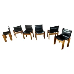 Pamono Monk Dining Chairs and Table in Black Leather and Beech by Tobia & Afra Scarpa for Molteni, 1973, Set of 7><noscript><img width=