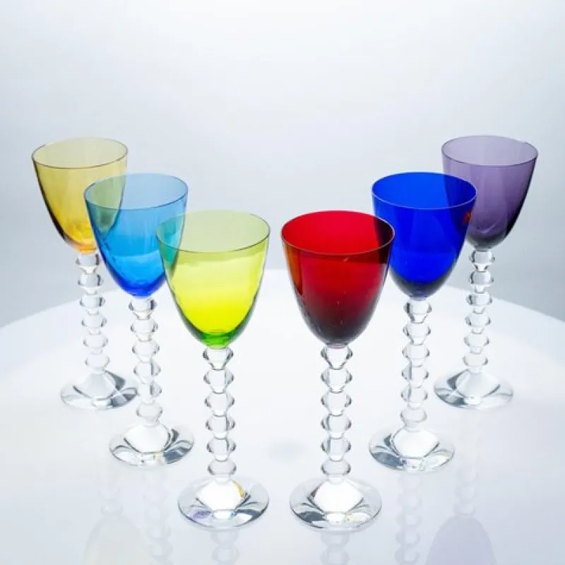 New Pamono Multi Color Baccarat Wine Crystal Glasses, France, 1960, Set of 6