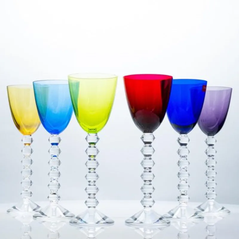 New Pamono Multi Color Baccarat Wine Crystal Glasses, France, 1960, Set of 6