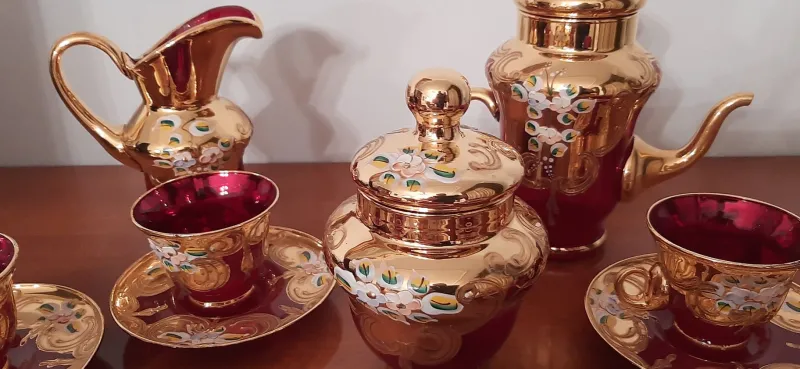 Pamono Murano Glass Tre Fuochi 24 K Gold Coffee Set, 1965, Set of 15> Coffee & Tea Service