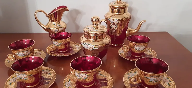 Pamono Murano Glass Tre Fuochi 24 K Gold Coffee Set, 1965, Set of 15> Coffee & Tea Service